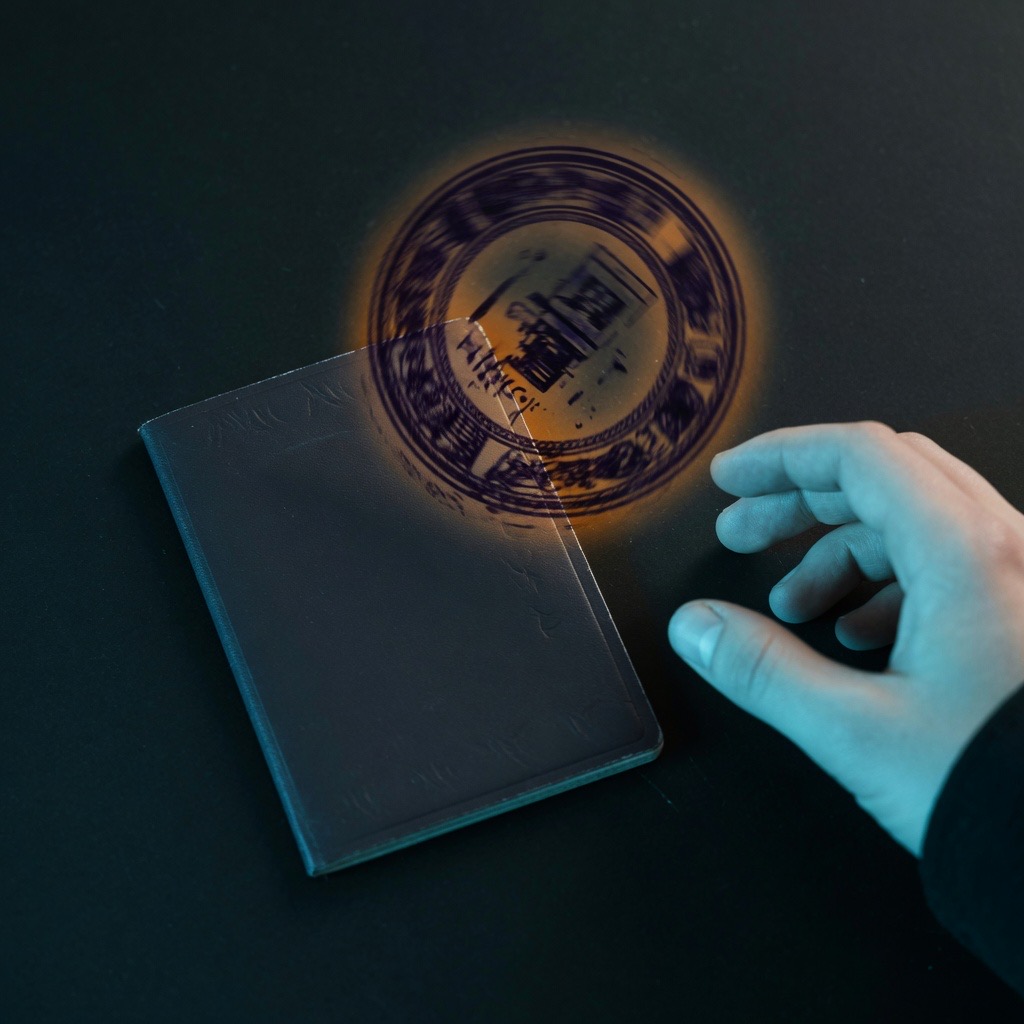 A closed passport and a frozen hand under an amber stamp
