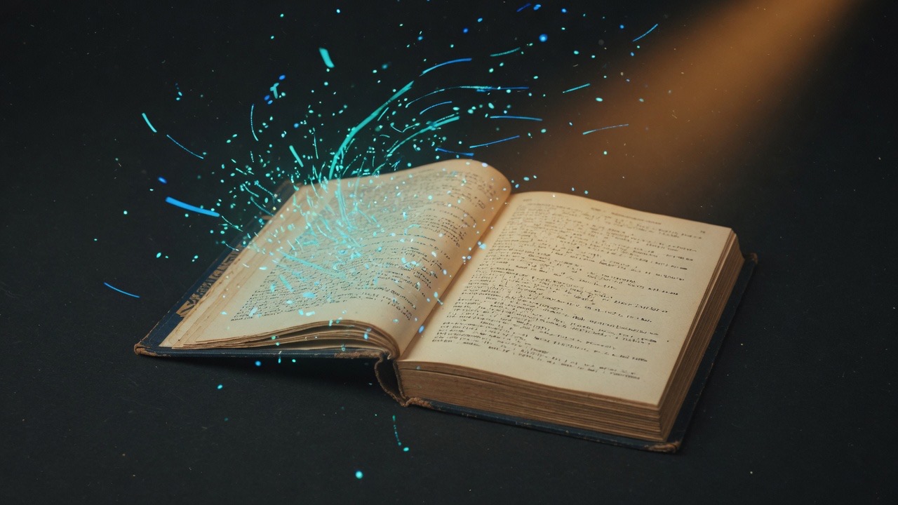 An old book of code dissolving into particles of light