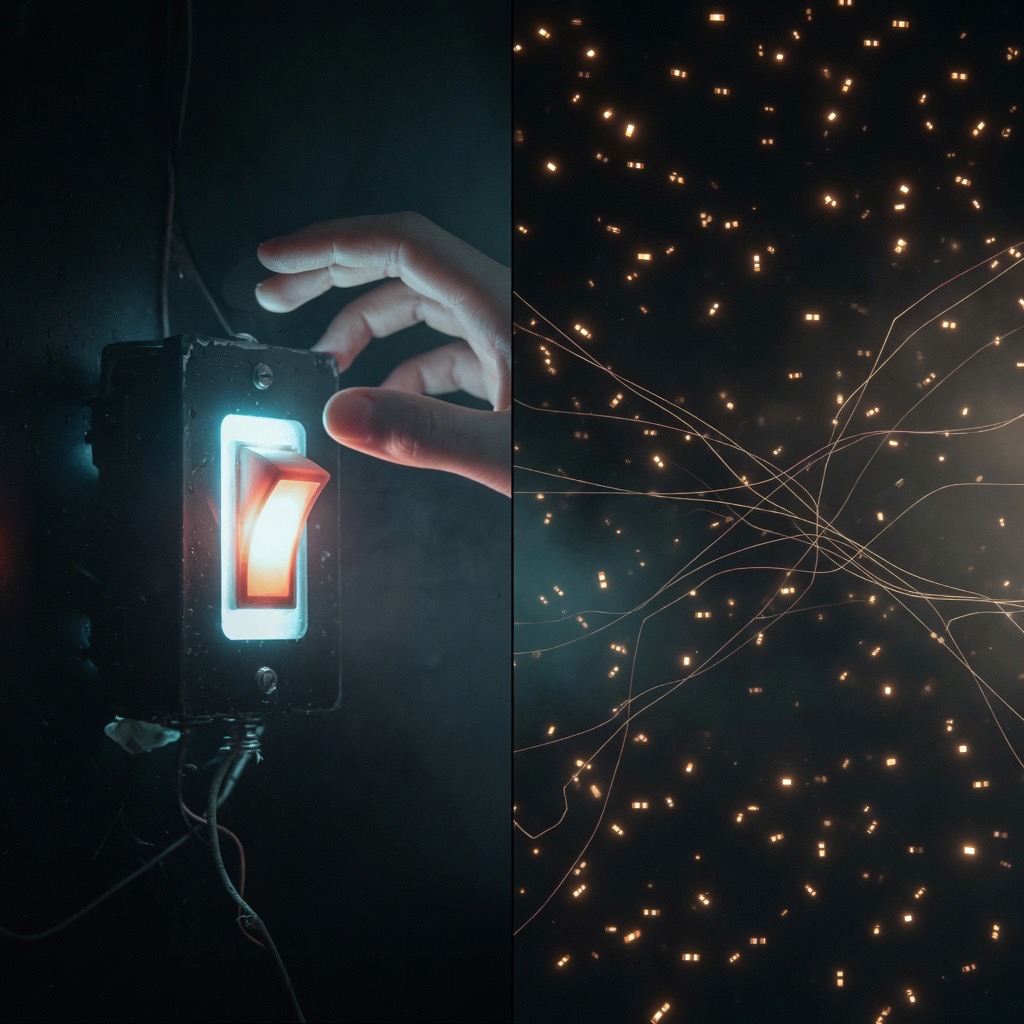 On the left, a fragile central switch and a hand; on the right, a field of distributed lights nothing can reach