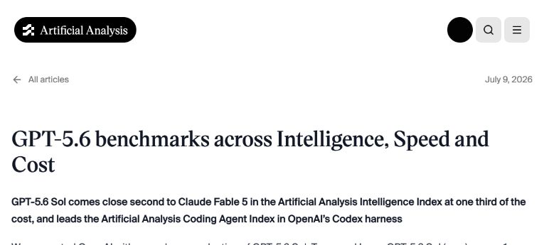 Artificial Analysis article page identifying its GPT-5.6 evaluation and pre-release-evaluation disclosure