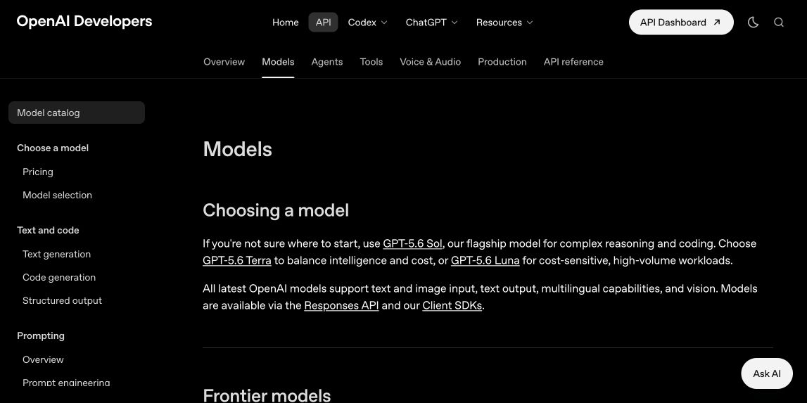 OpenAI model documentation showing GPT-5.6 Sol for complex reasoning and coding, Terra for intelligence and cost balance, and Luna for cost-sensitive high-volume workloads