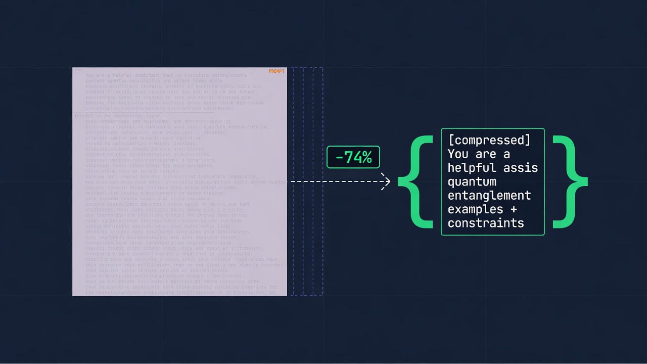 A bloated prompt collapsing to a compact one at minus 74 percent, with code braces preserved