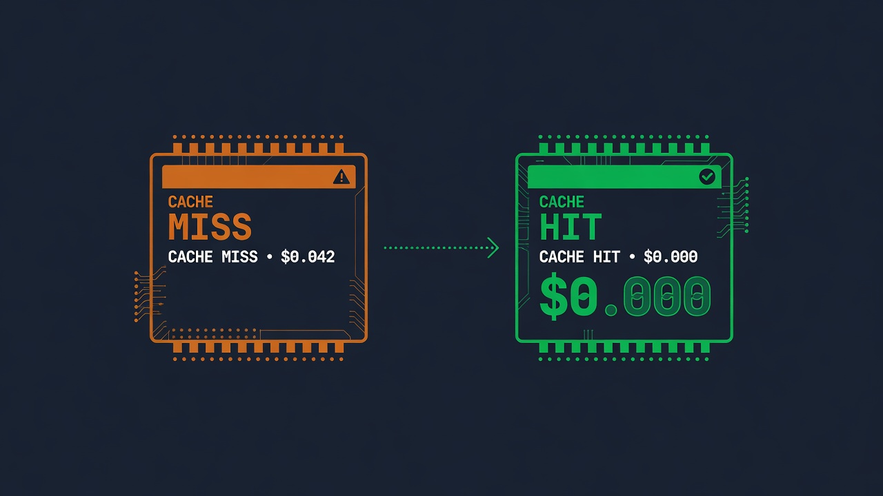 Cache MISS at $0.042 versus cache HIT at $0.000 — the repeat call never reaches the API