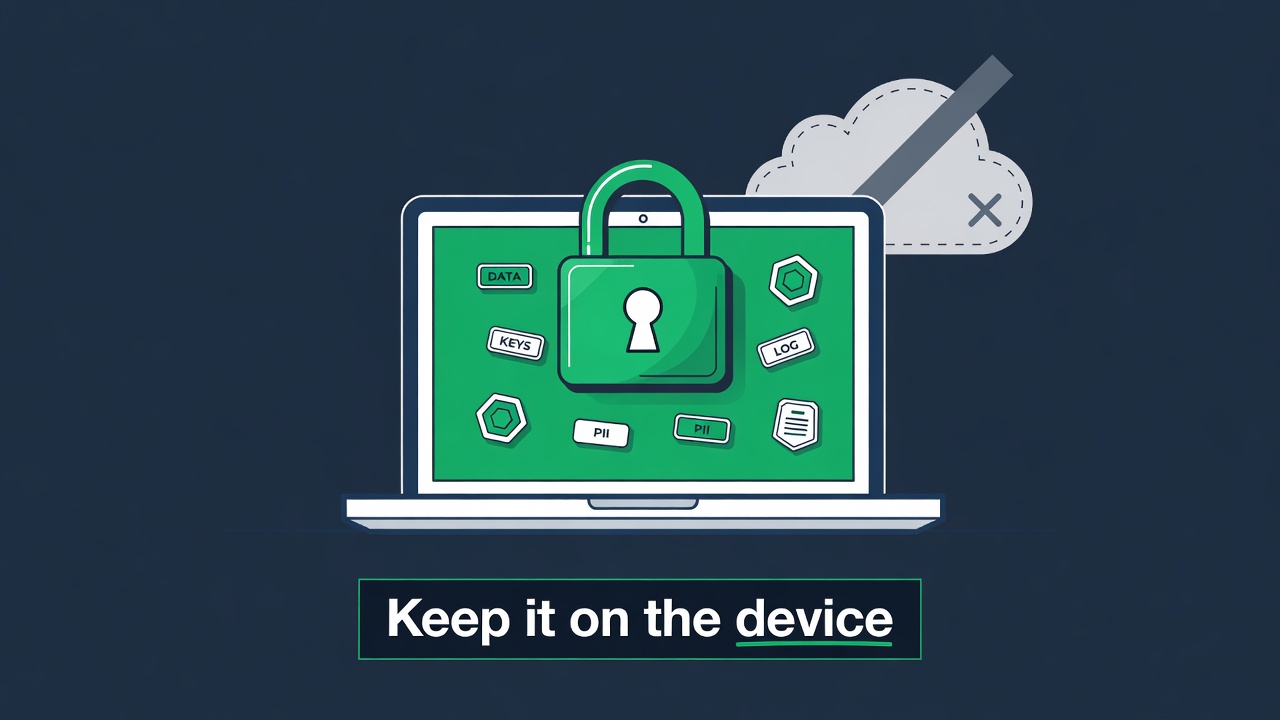Data kept inside a local device behind a padlock, the cloud crossed out — keep it on the device