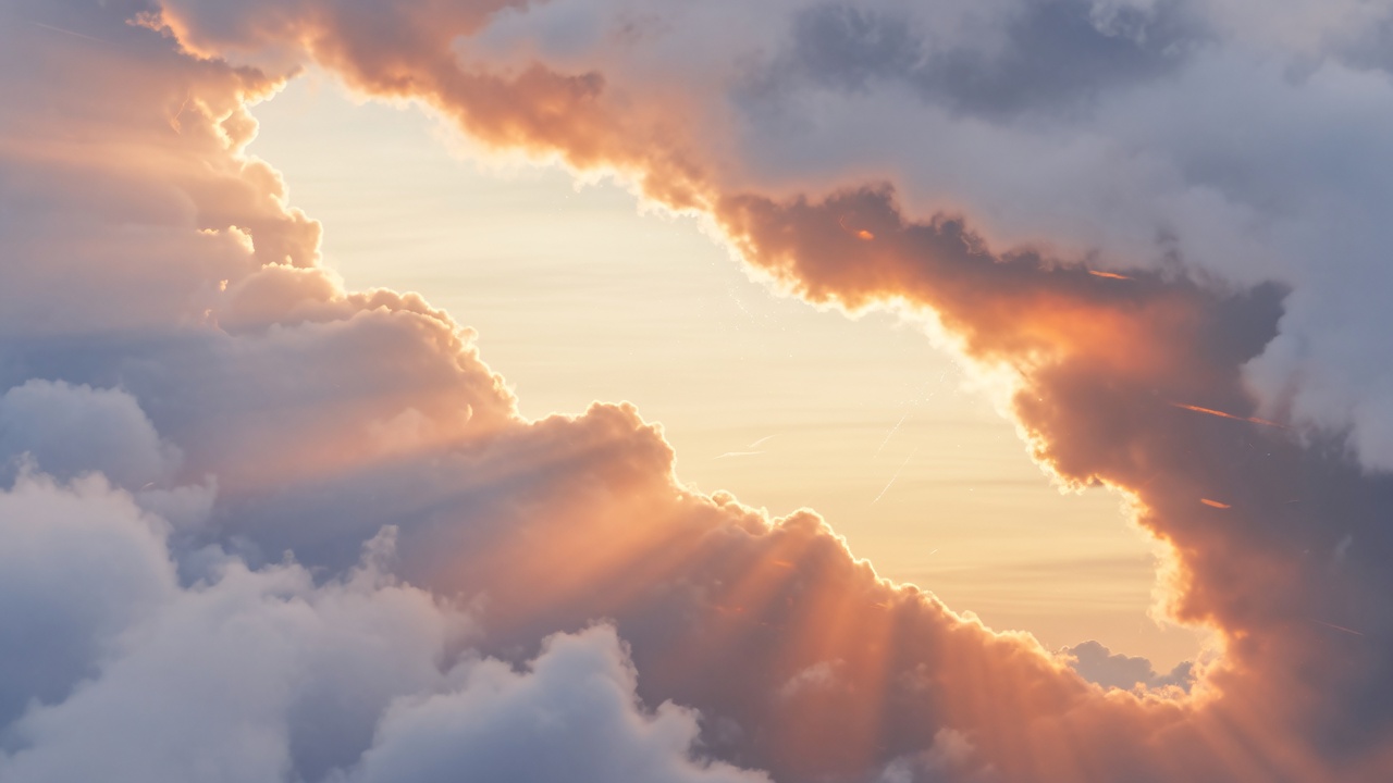 A break in soft clouds at golden hour, warm terracotta light widening through the gap