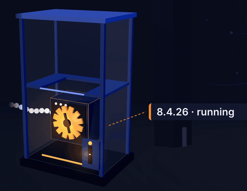 The 3D server cabinet: 8.4.27 sits on disk while the orange 8.4.26 engine keeps answering requests; the switch flips, the engine is replaced and the tag turns from VULNERABLE to PATCHED