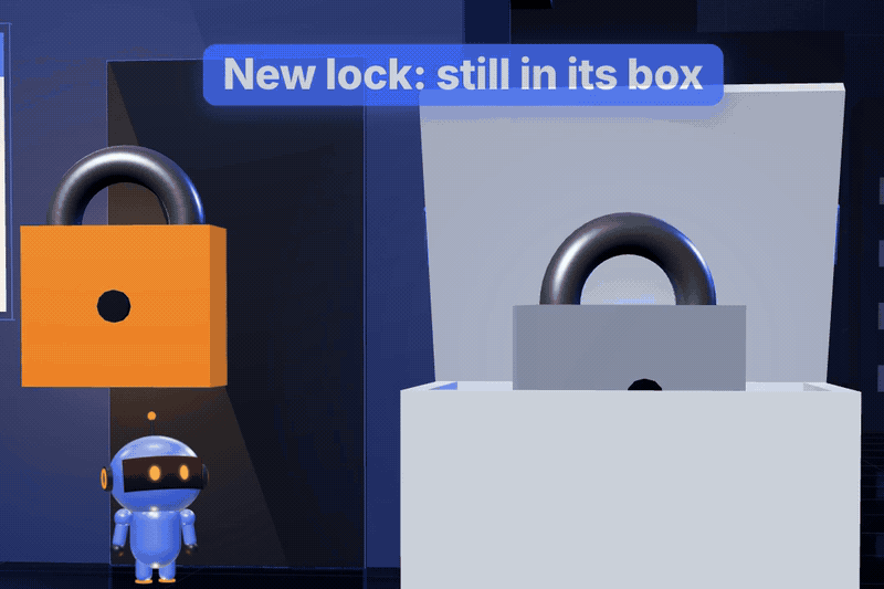 A new lock waits in its box while the old orange lock stays on the door; on restart the new lock snaps on and turns cobalt