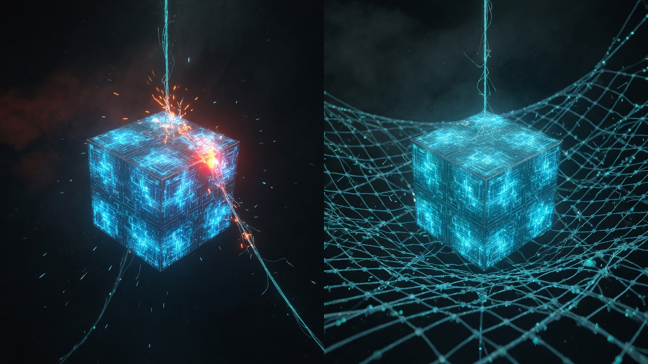 The same capability on a single fraying thread versus held by a redundant mesh — reliability lives in the connections, not the component.