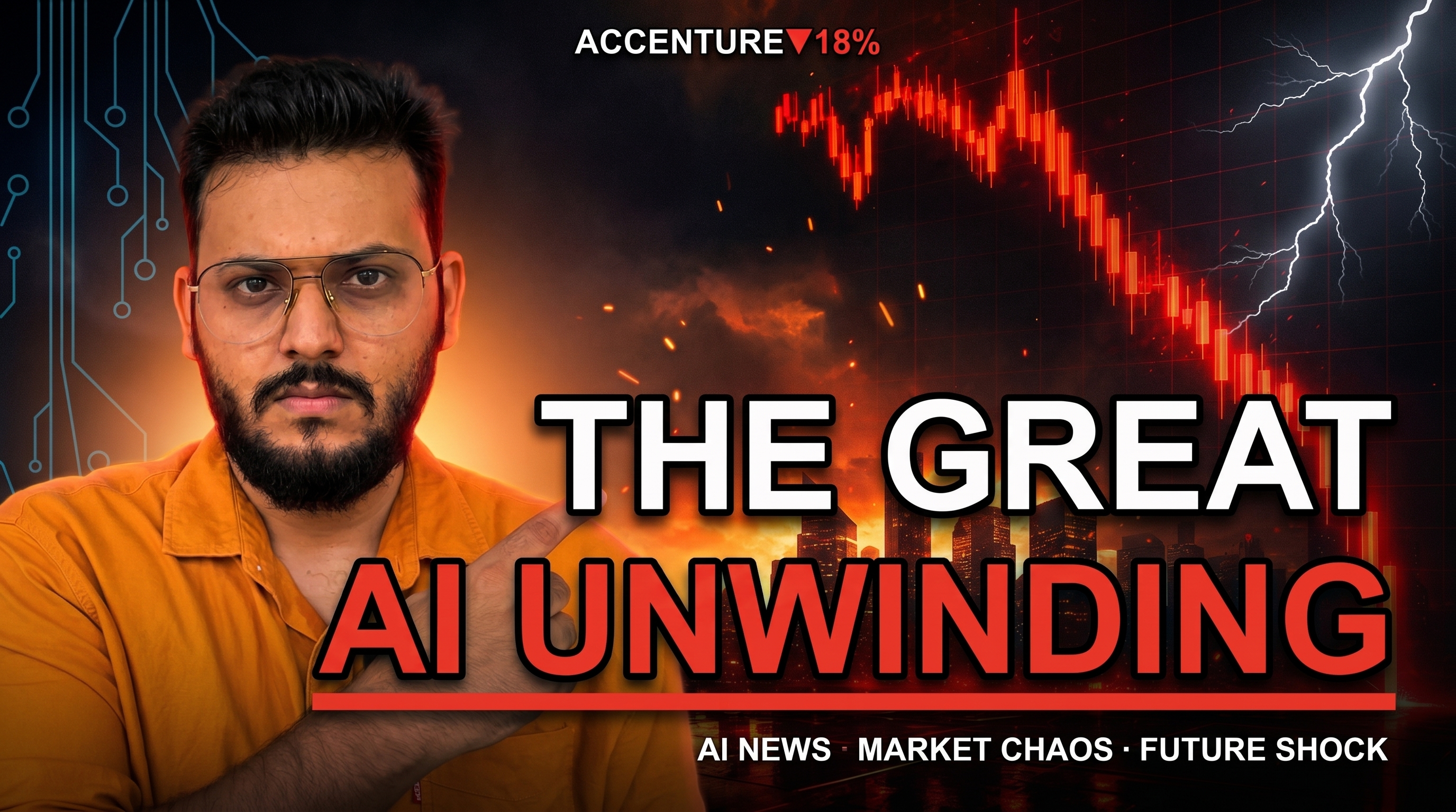 A composite thumbnail showing a man in an orange shirt against a market-crash backdrop with bold text: The Great AI Unwinding