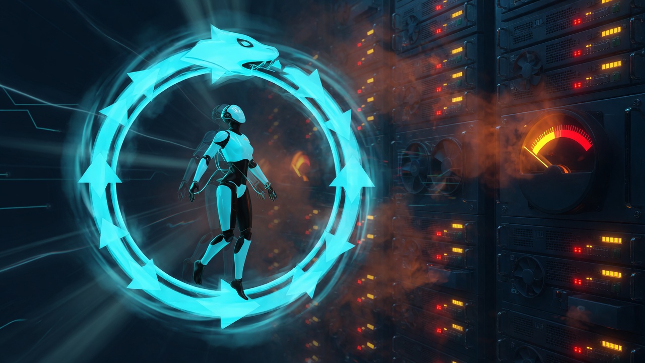An AI agent trapped in a runaway loop while servers overheat