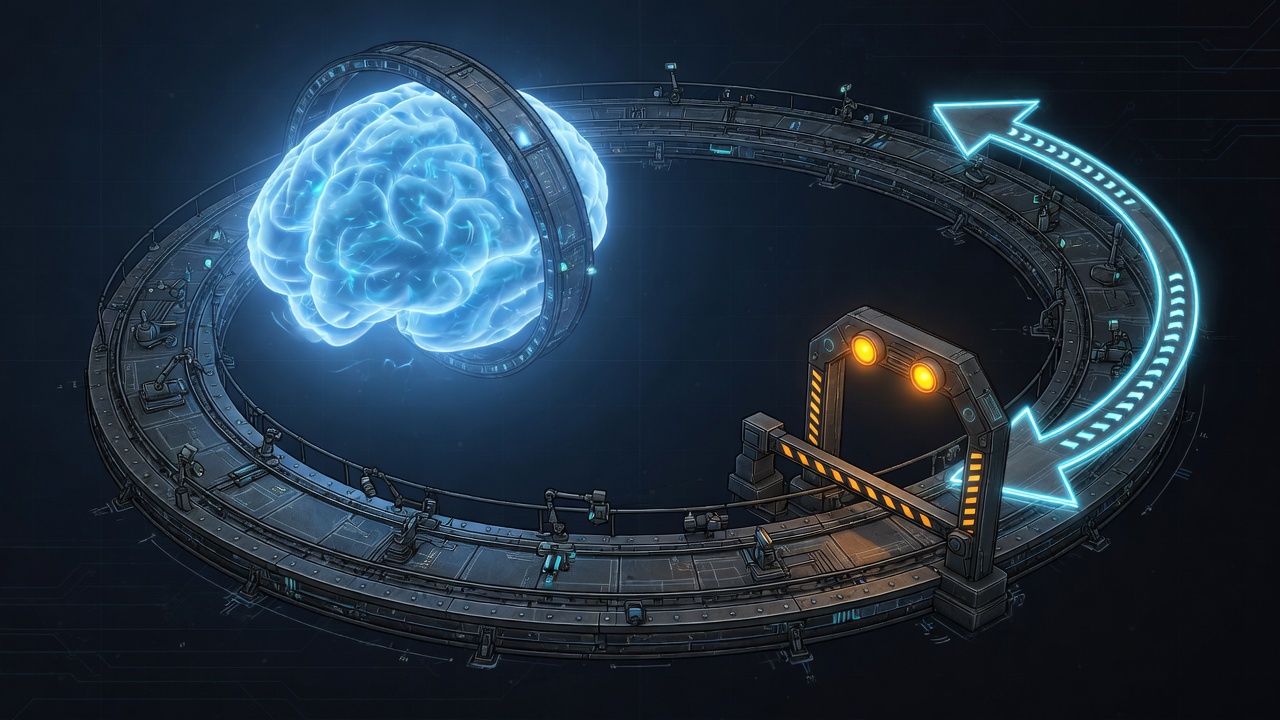A glowing brain riding a mechanical loop with a verification gate