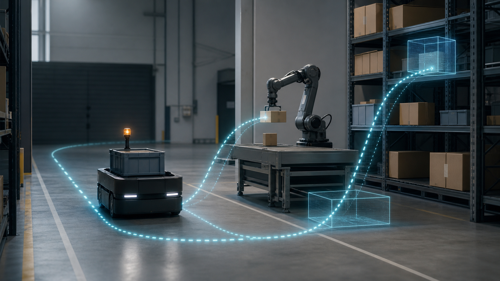 A robotics lab split into four panels: navigation, manipulation, simulation, and verification, with a human engineer observing the boundary between simulation and reality