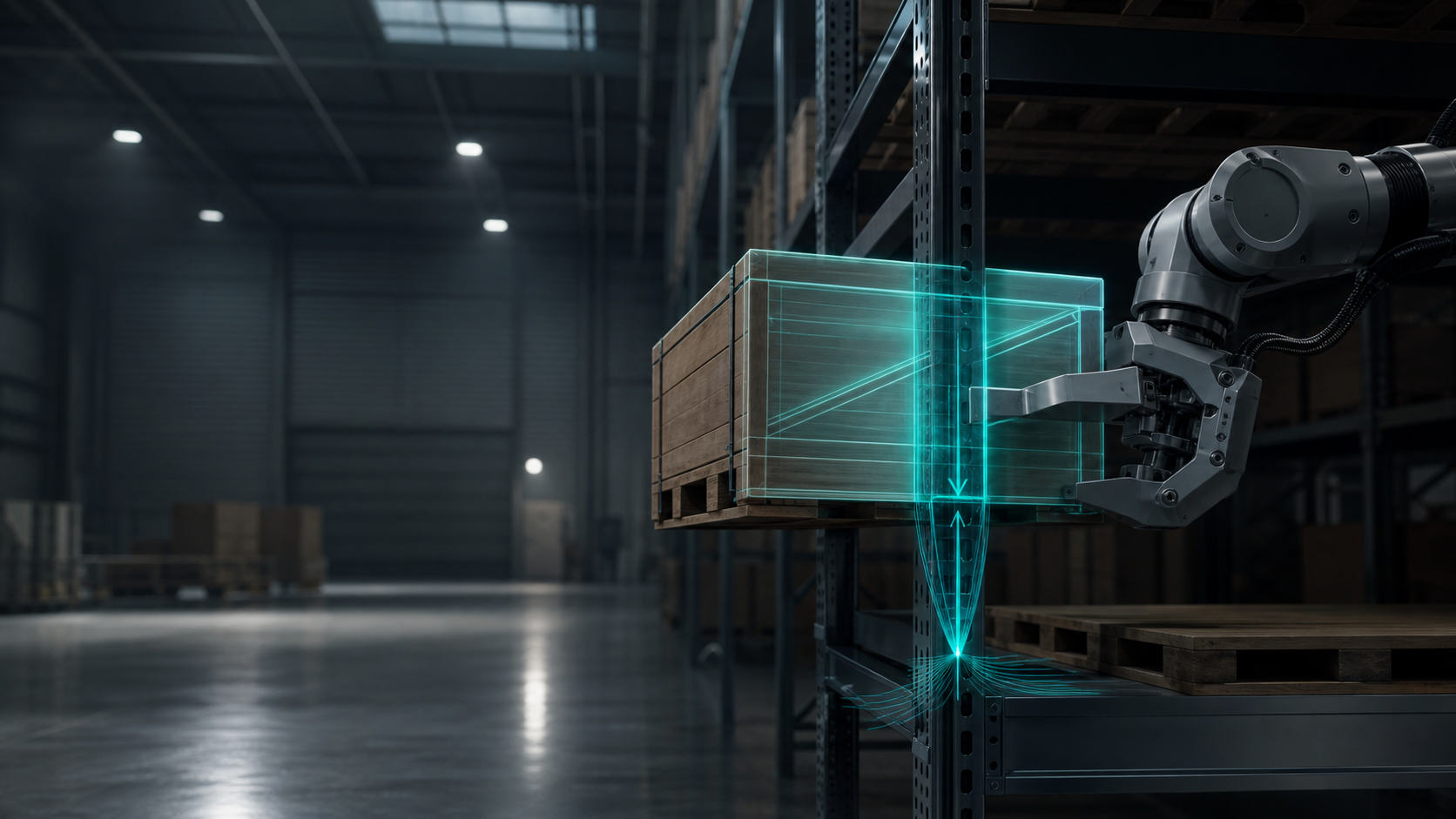 A beautiful generated warehouse scene with a transparent overlay exposing impossible object collisions and incorrect force arrows