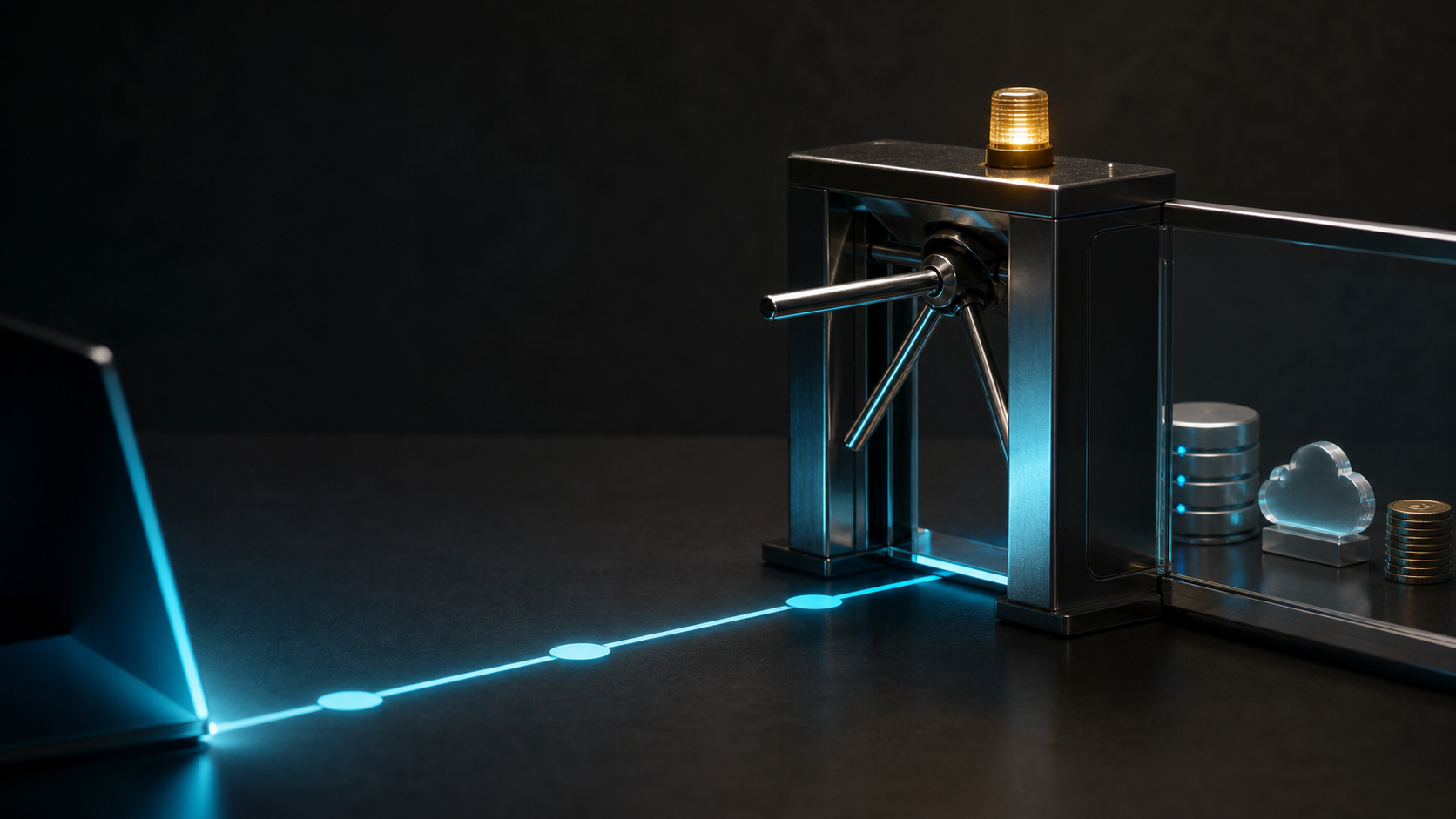 A glowing agent loop approaching an independent gate marked by concrete checks: budget, permission, state assertion, and kill switch