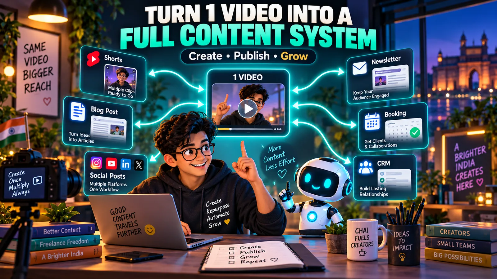 One video to full content system: Shorts, blog, social posts, newsletter, booking and CRM