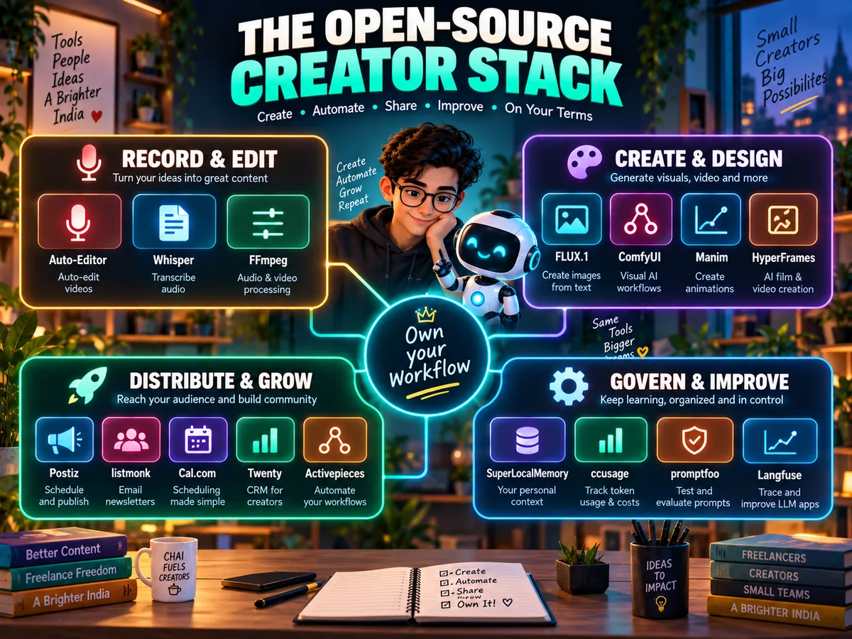 Open-source creator stack with editing, visual creation, distribution, CRM, memory, evaluation and observability tools
