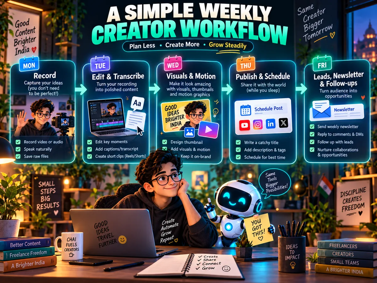 Weekly AI creator workflow from Monday recording to Friday lead follow-up