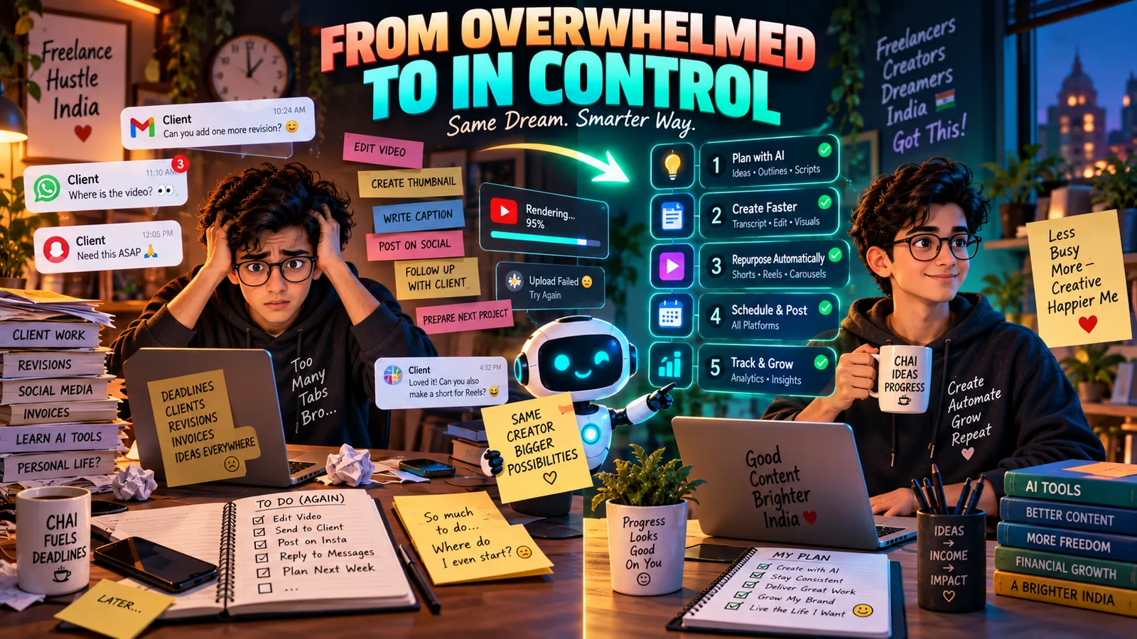 Before and after creator workflow: from too many tools and revisions to a clear AI-assisted system