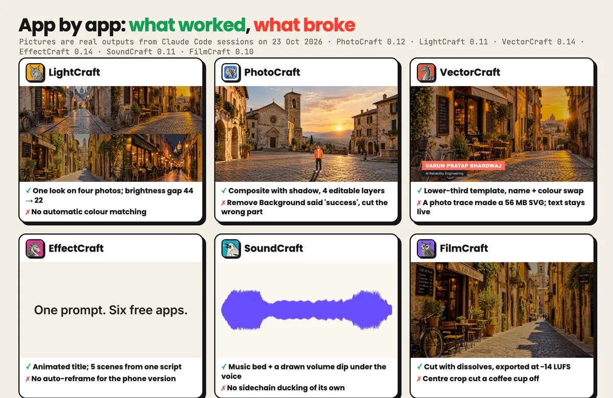 App by app: real outputs from Claude Code sessions in all six ArtCraft editors, with what worked and what broke