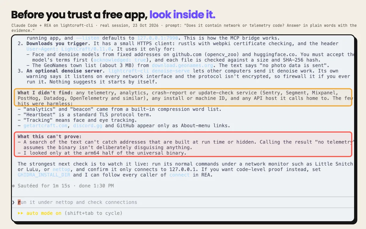The real REA answer on lightcraft-cli: what it didn't find, and what the check can't prove