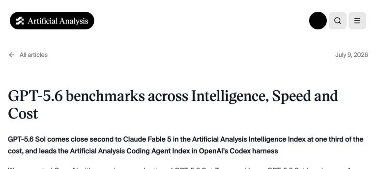 Artificial Analysis article page identifying its GPT-5.6 evaluation and pre-release-evaluation disclosure