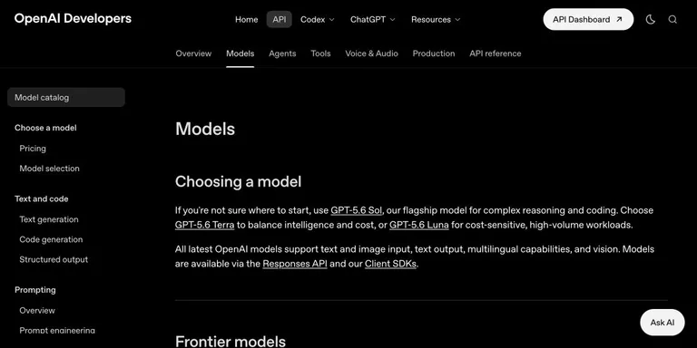 OpenAI model documentation showing GPT-5.6 Sol for complex reasoning and coding, Terra for intelligence and cost balance, and Luna for cost-sensitive high-volume workloads