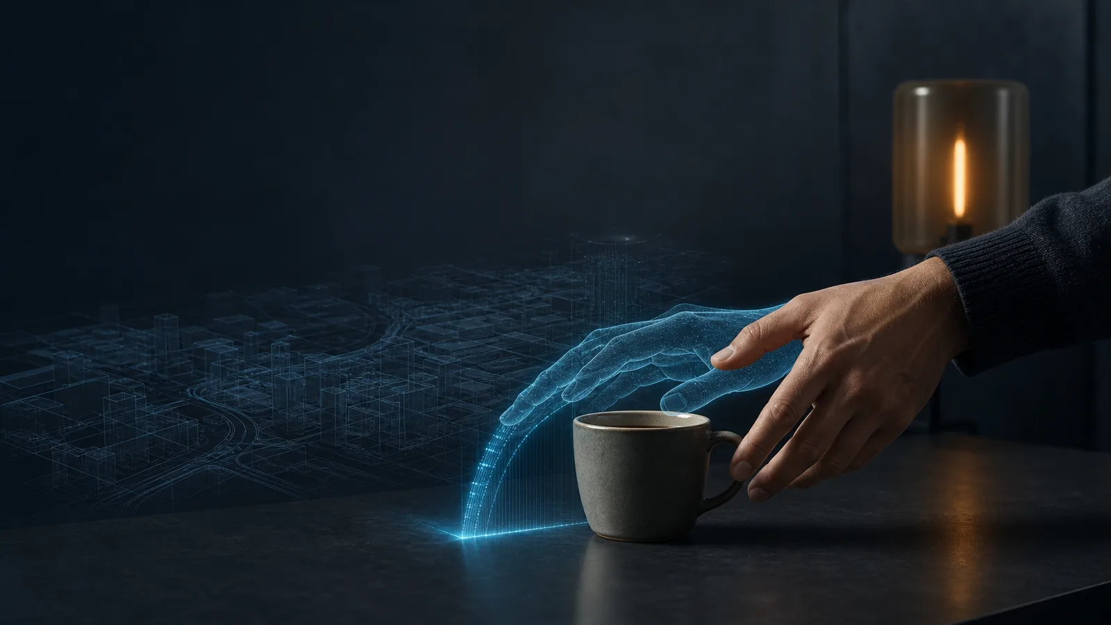 A child's hand reaching for a coffee cup on a table, with a subtle translucent prediction path showing the cup cannot pass through the table