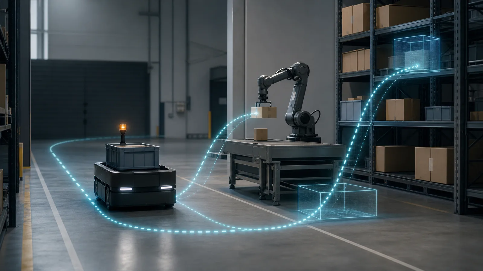 A robotics lab split into four panels: navigation, manipulation, simulation, and verification, with a human engineer observing the boundary between simulation and reality