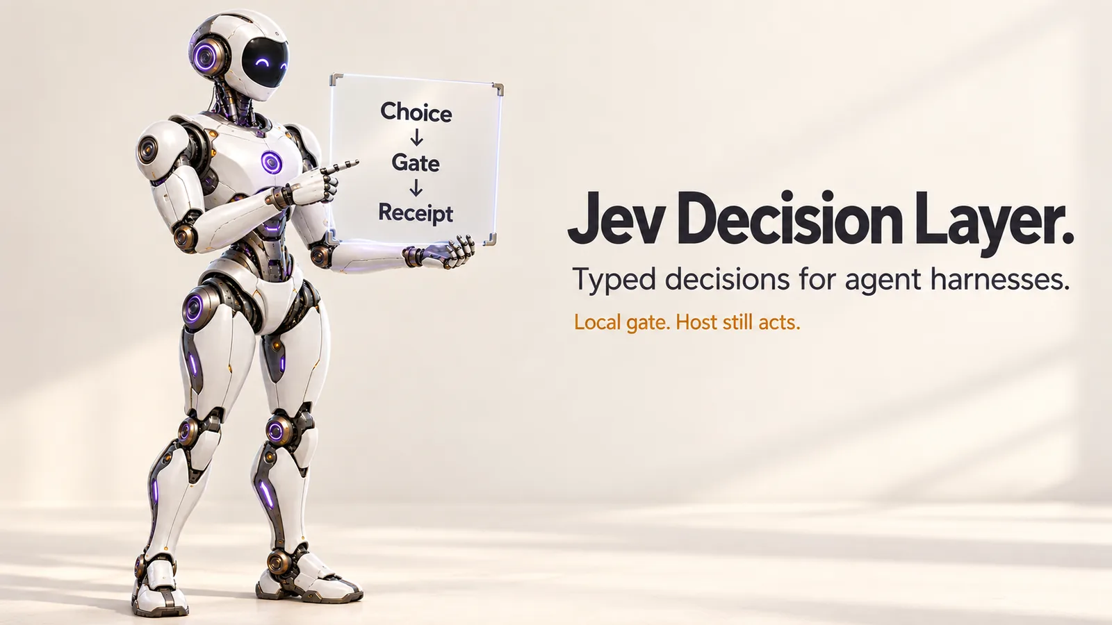 Jev Decision Layer: the same robot points from Choice to Gate to Receipt.